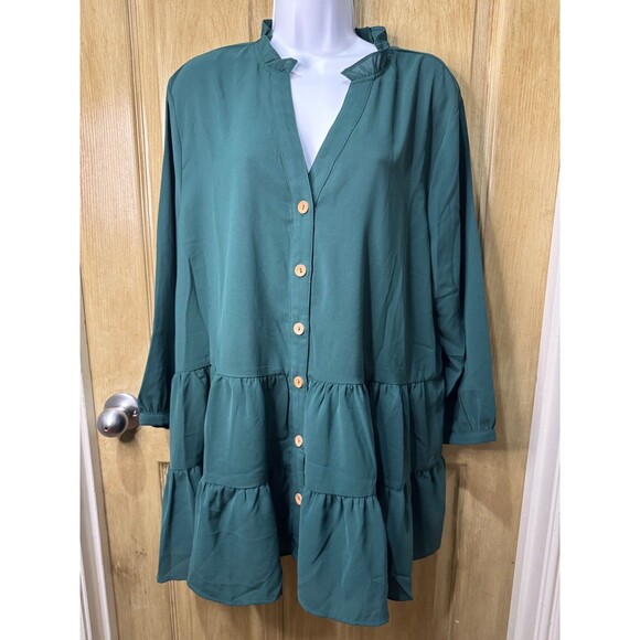 Entro Womens XL Green Long Sleeve Tiered Ruffle Shift Holiday Dress - Picture 1 of 8